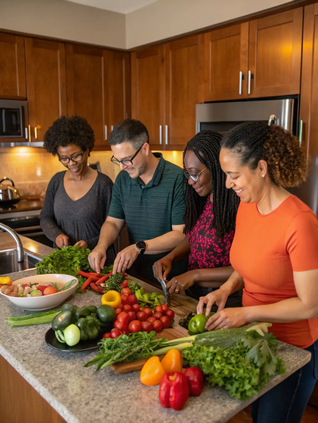 A group of adults with mental disabilities participating in a cooking class, smiling and engaged, in a brightly lit kitchen setting, representing the culinary skills program.