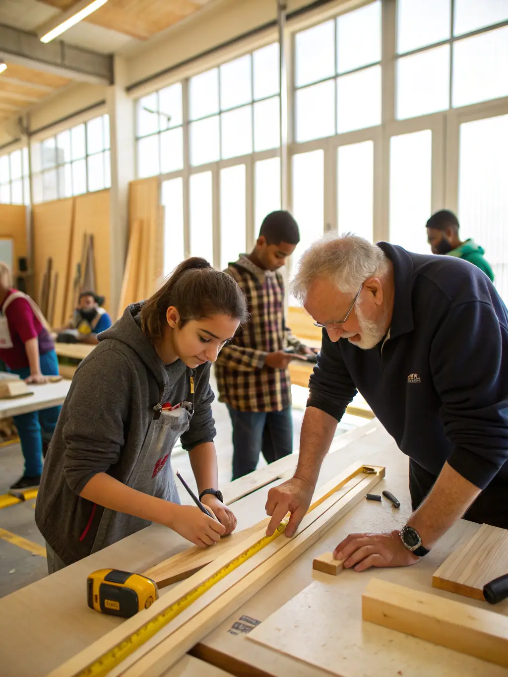 A photo of individuals working on a collaborative project in a vocational training workshop, developing job-related skills and teamwork abilities.