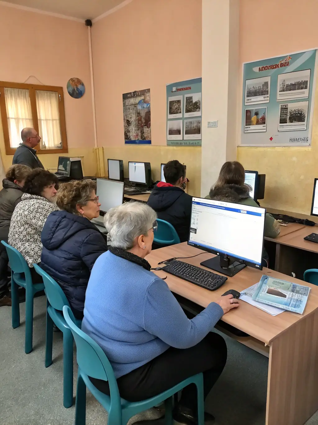 A group of participants engaged in a job training simulation, learning practical skills for employment in a professional setting.