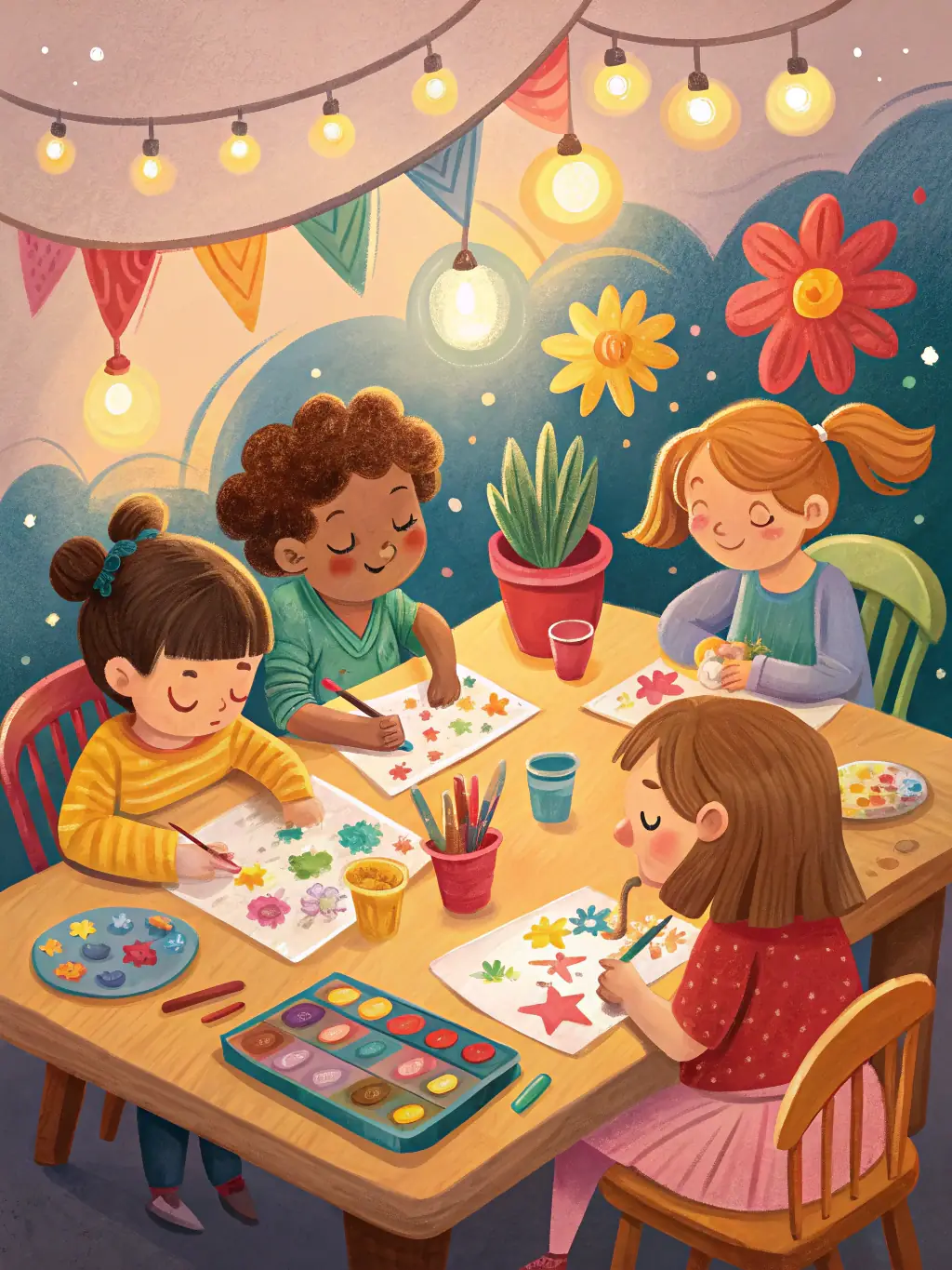 A photo of individuals working together on an art project, showcasing creativity and teamwork, in a supportive and inclusive environment, representing the art therapy program.