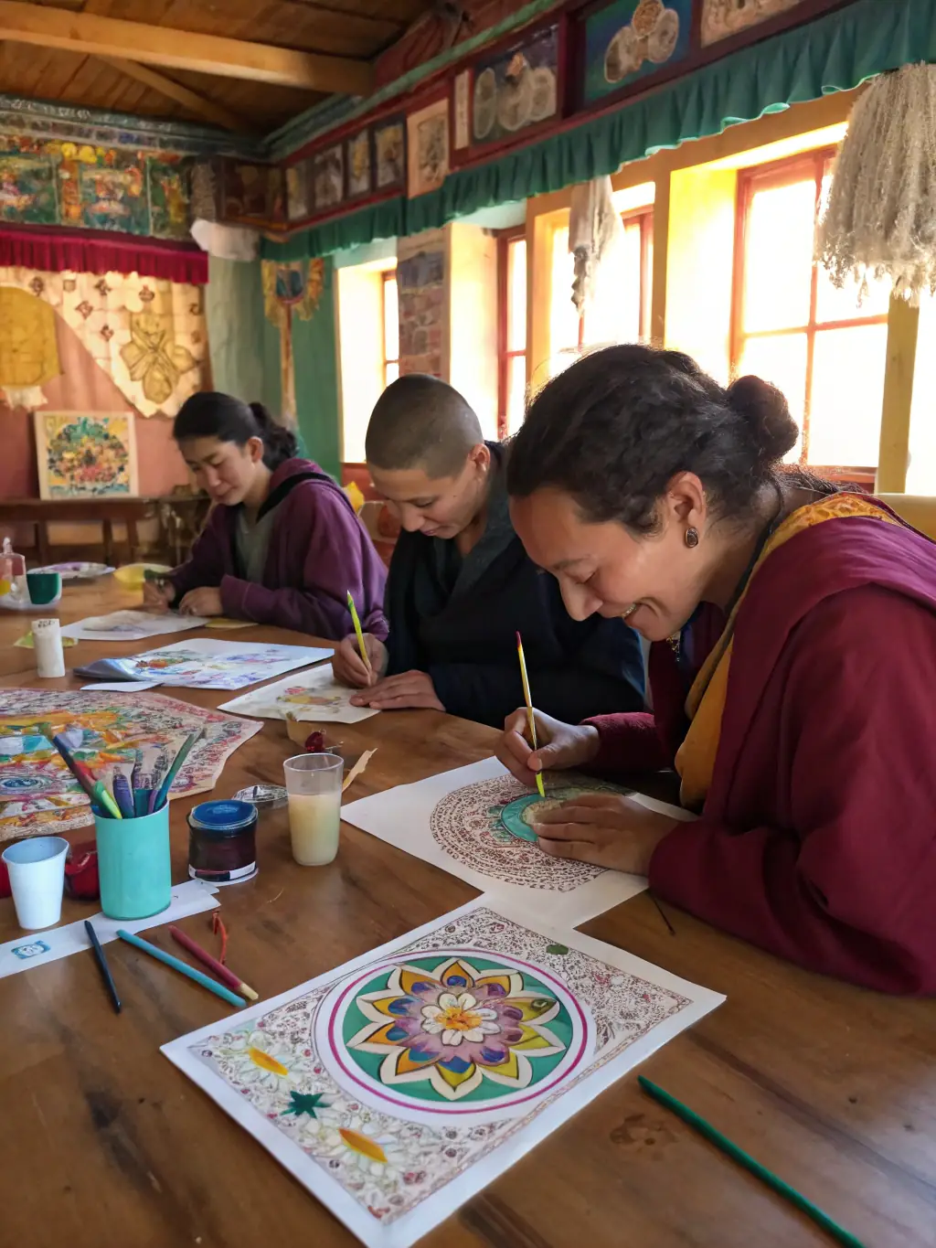 A photo of a group of participants engaged in a therapeutic art session, focusing on creative expression and emotional well-being.