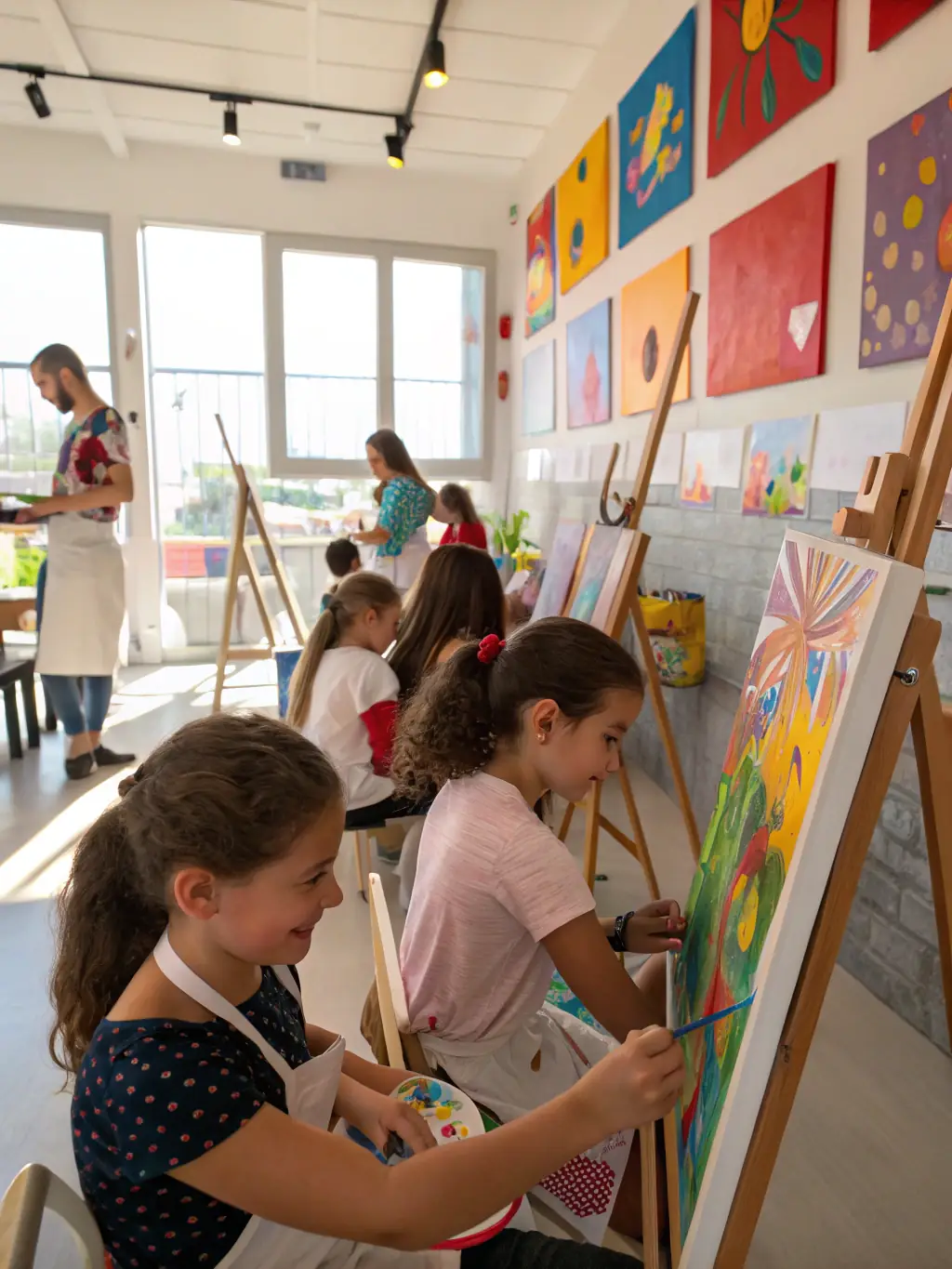 A photo of individuals working together on an art project, showcasing creativity and teamwork in a bright and cheerful studio.