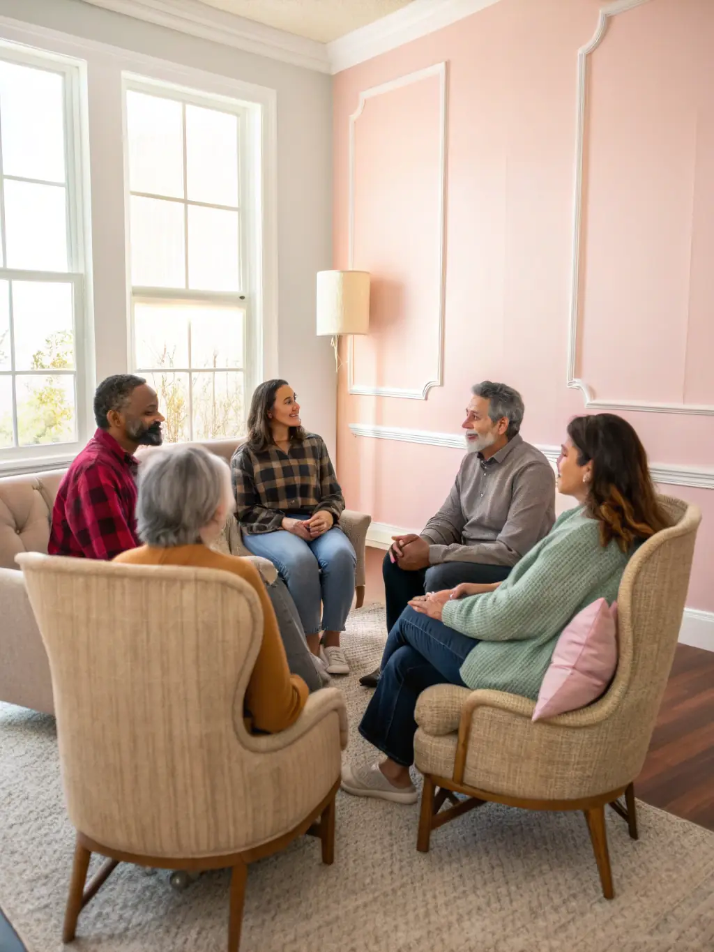 A photograph of participants engaged in a group discussion, facilitated by a therapist, in a comfortable and supportive setting, representing the group therapy program.