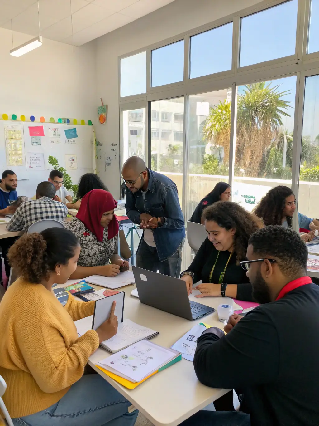 A picture of a group of people participating in a job skills workshop, focusing on resume writing and interview techniques, in a professional setting, representing the vocational training program.