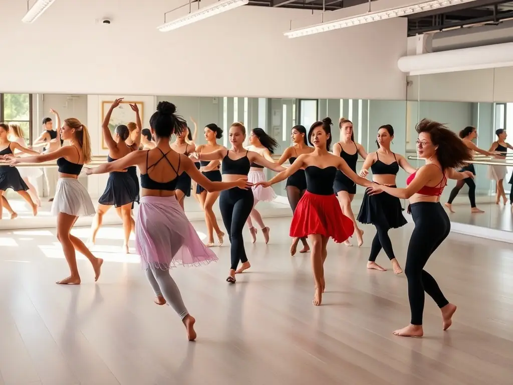 A group of diverse dancers laughing and stretching together in a sunlit dance studio, symbolizing the supportive community at Danse Le Sud.