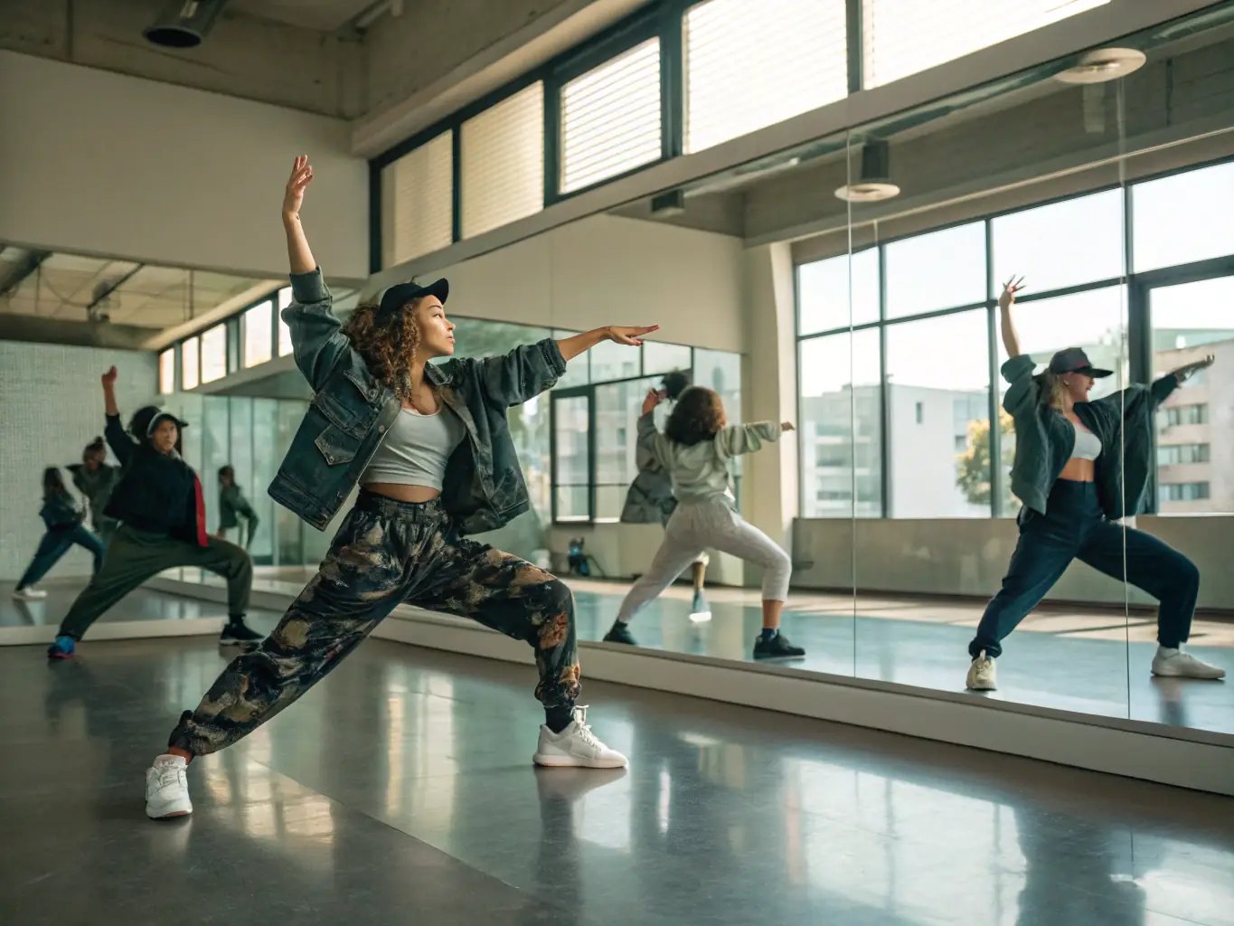 A dynamic image of a hip-hop dance class, showcasing energetic movements and urban style. The dancers are engaged and enthusiastic, reflecting the upbeat atmosphere of the class.