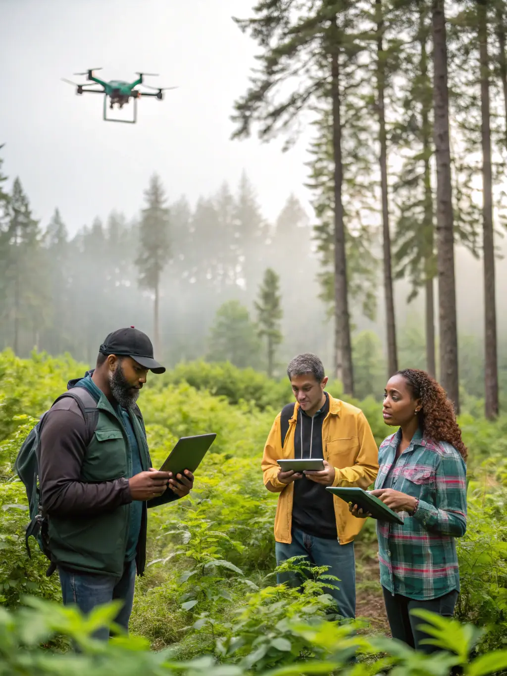 A photograph of researchers collecting data in a forest, focusing on biodiversity monitoring, used to illustrate RREFR's scientific approach.