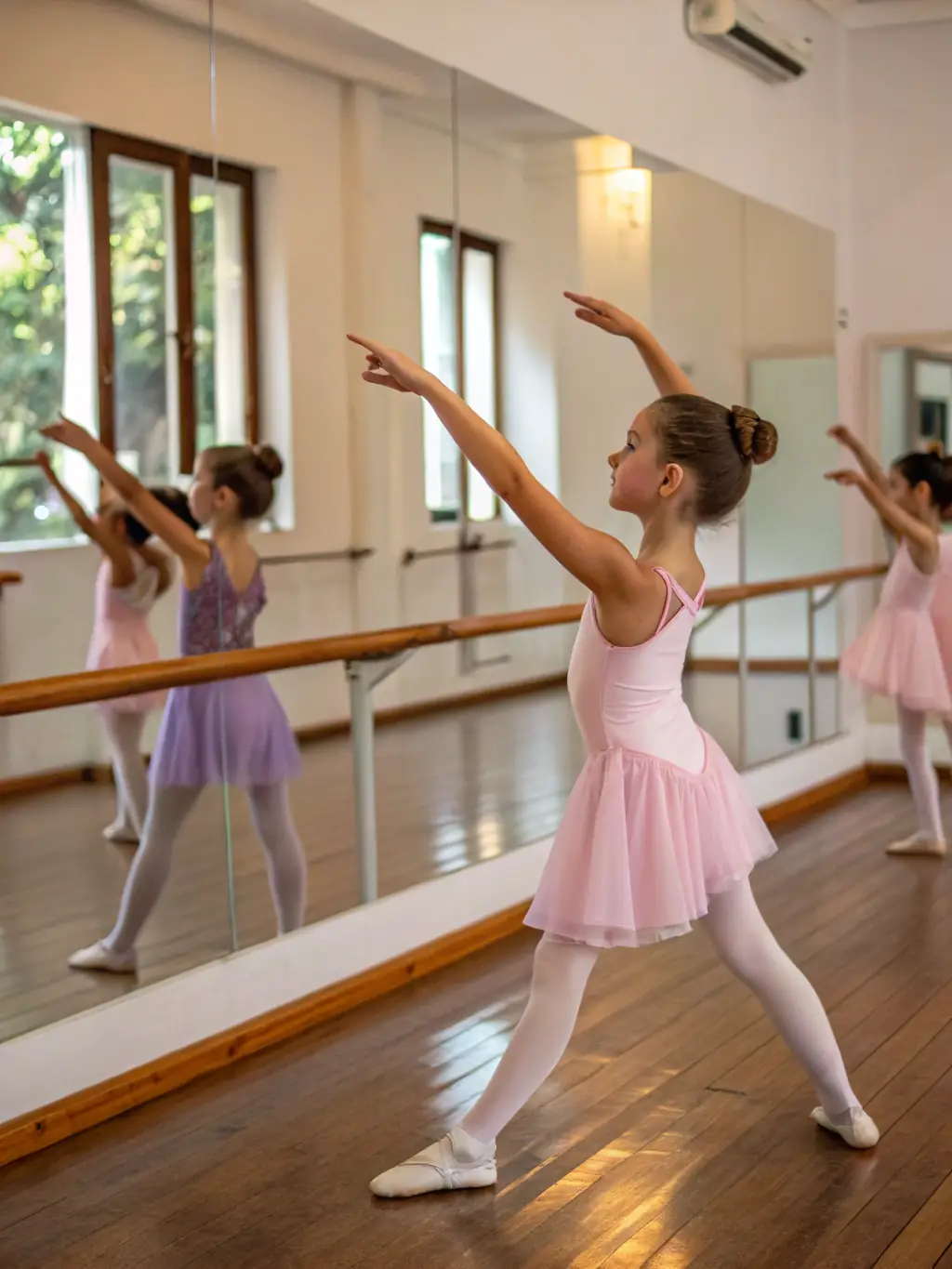 A ballet class with dancers practicing at the barre, demonstrating grace, precision, and classical technique.