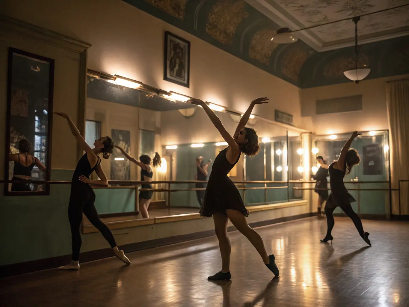 An elegant image of a jazz dance class, highlighting the precision and grace of the dancers. The studio is well-lit and features a mirrored wall, enhancing the visual appeal of the scene.