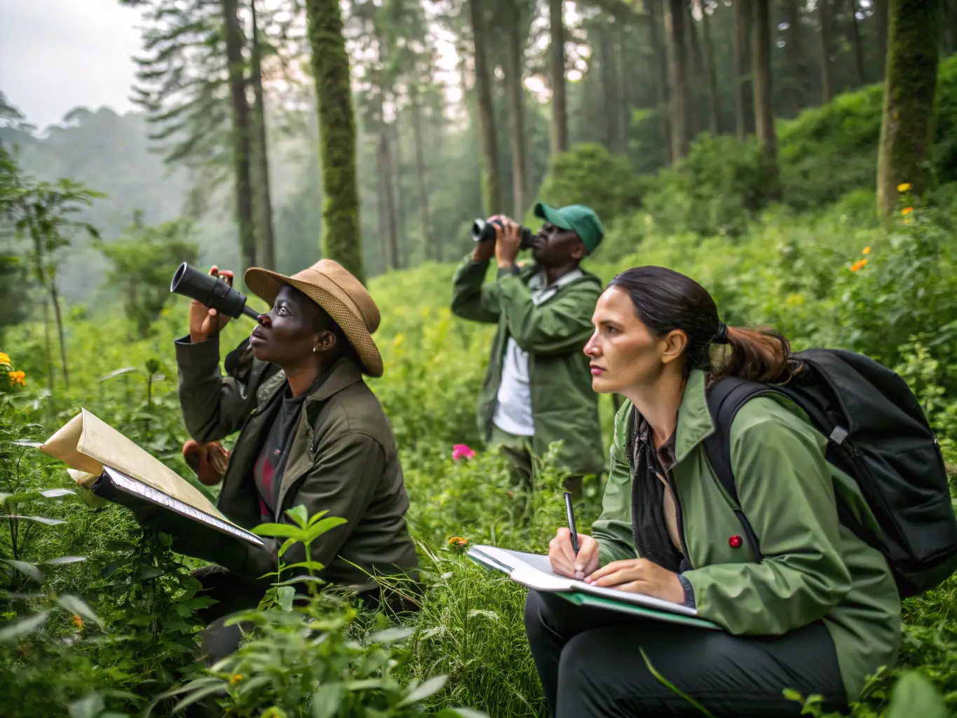 A vibrant image showing researchers collecting data in a lush forest, highlighting RREFR's commitment to biodiversity studies.