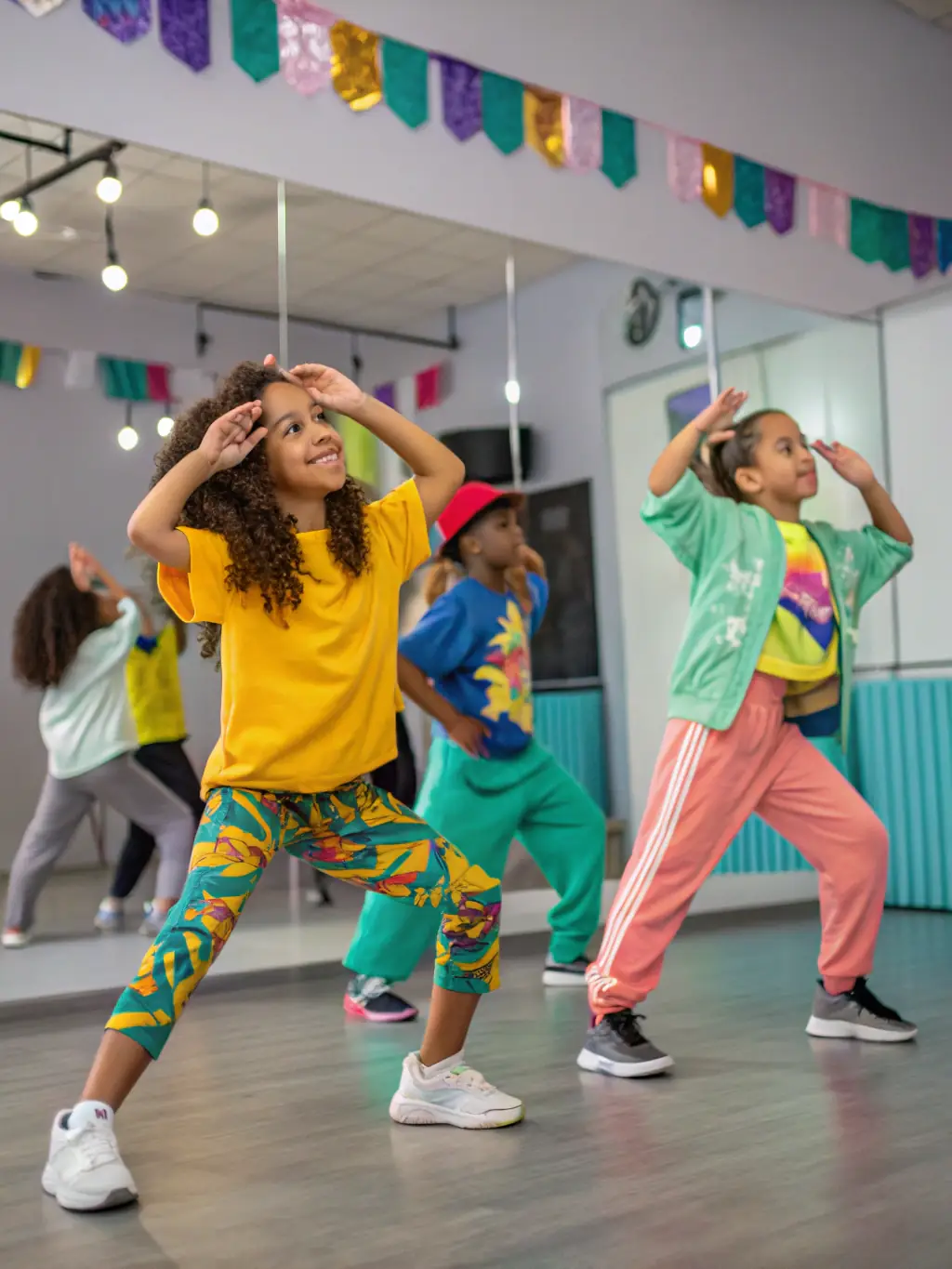 A hip-hop dance class with participants engaged in a dynamic routine, emphasizing rhythm, style, and individual expression.