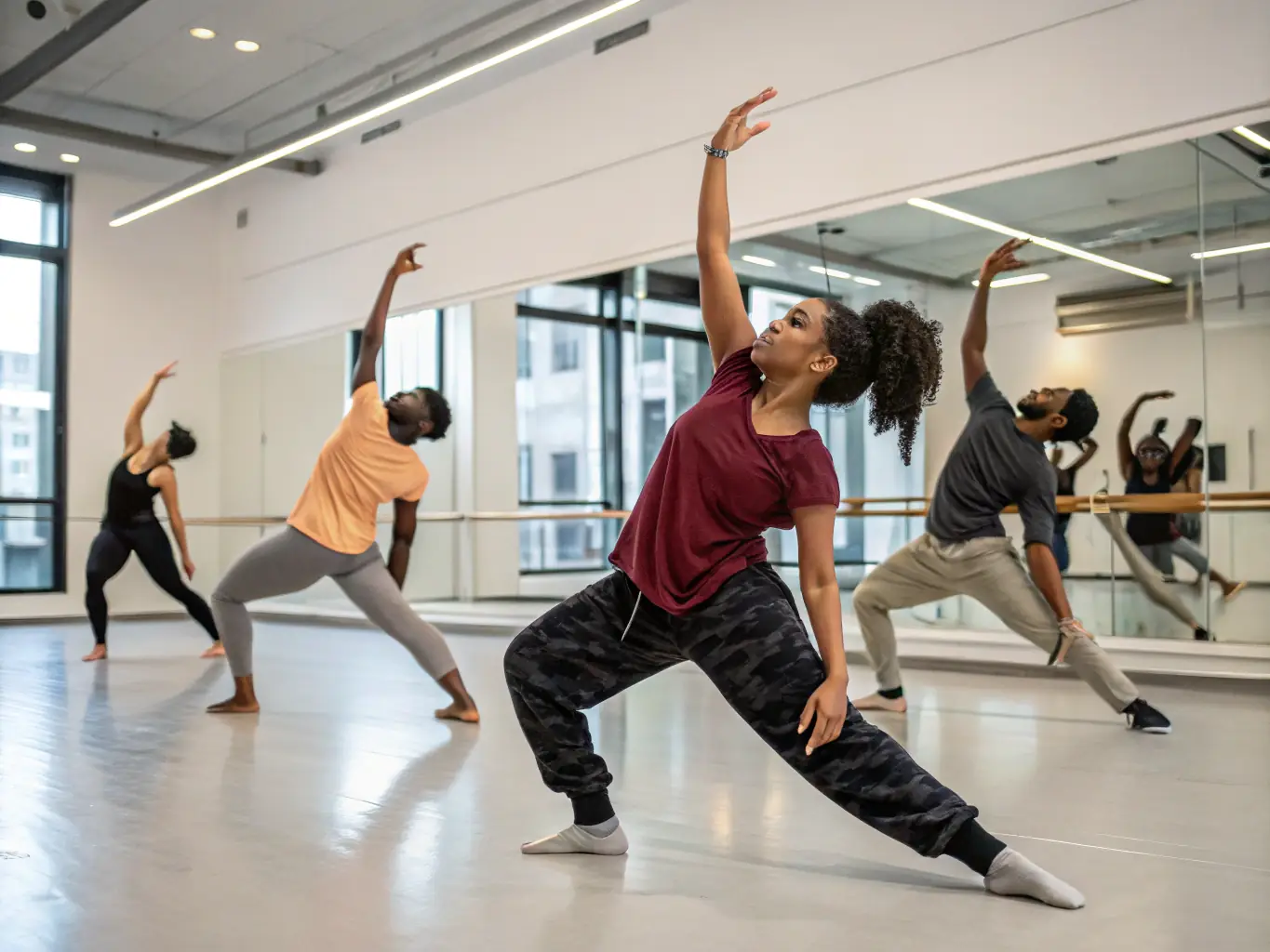 A vibrant image of a contemporary dance class in session, with dancers of various ages and skill levels moving gracefully. The studio is bright and airy, reflecting the energy and passion of the participants.