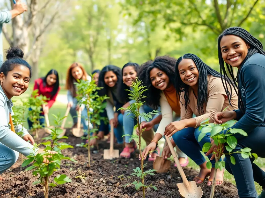 A photograph of community members planting trees in a local park, showcasing RREFR's efforts in community engagement and environmental restoration.