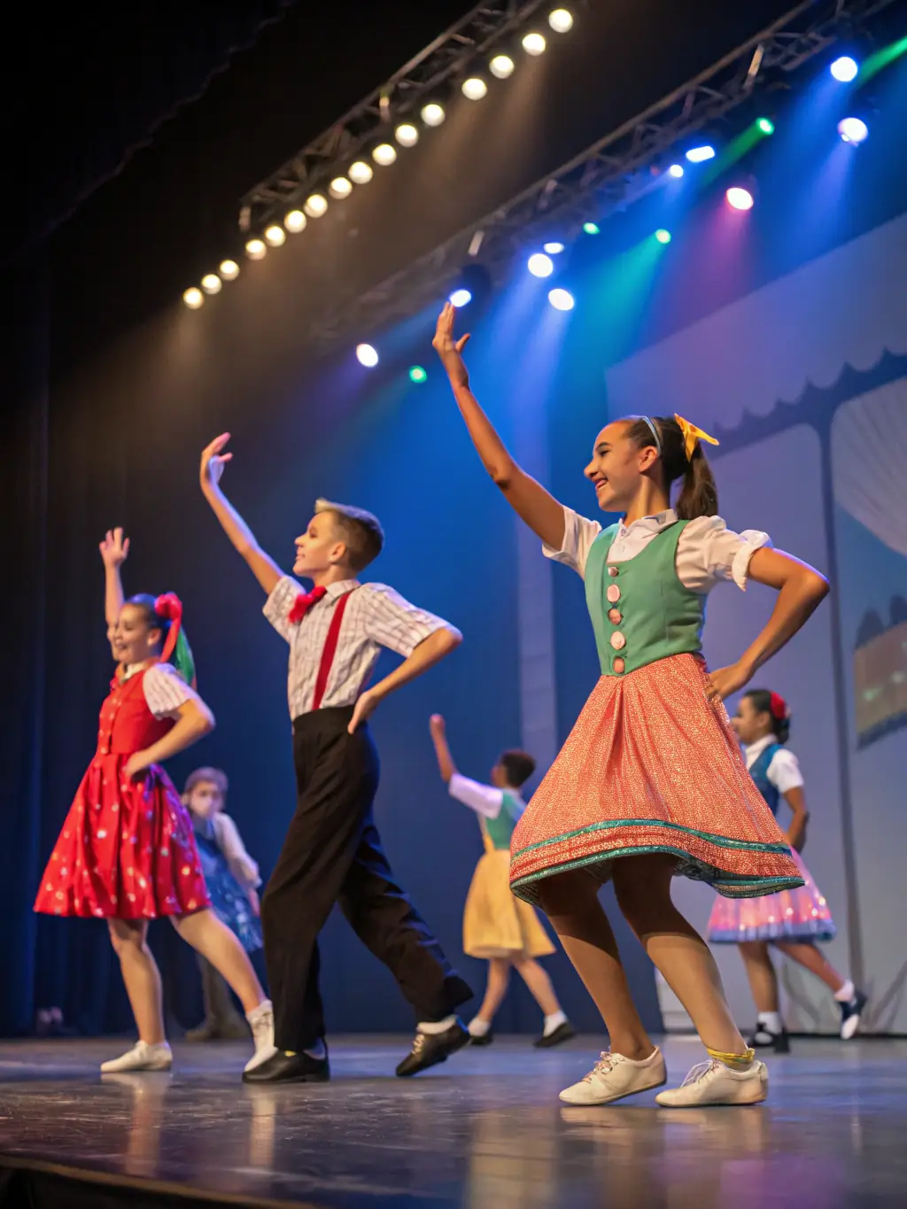 A jazz dance class with students practicing sharp, energetic movements, highlighting rhythm and coordination.