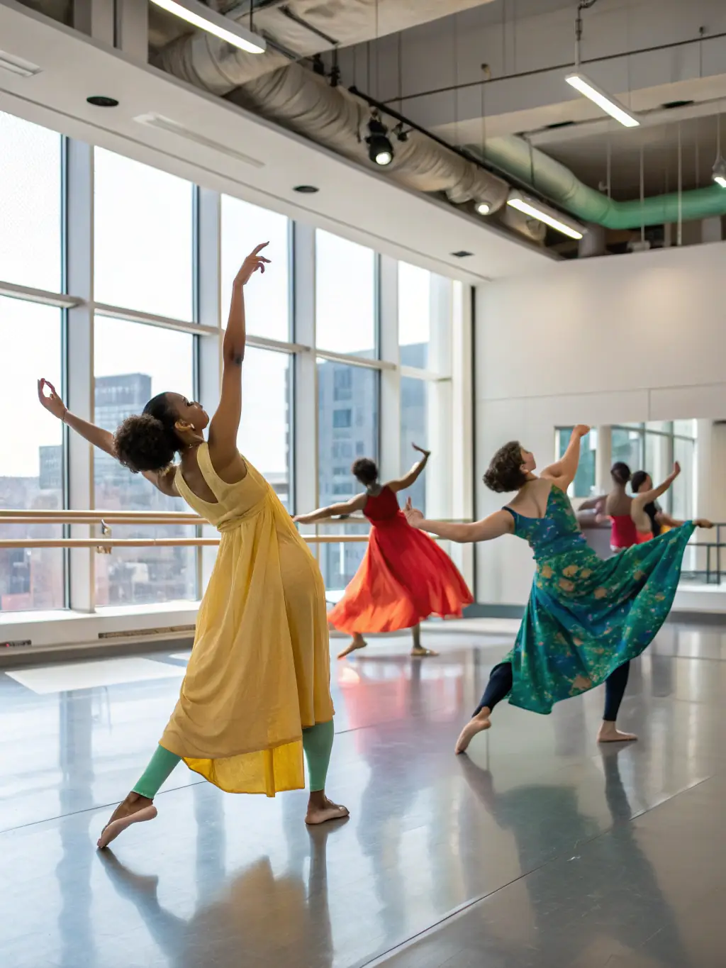 A group of dancers performing a contemporary routine in a studio, showcasing fluidity and expression.