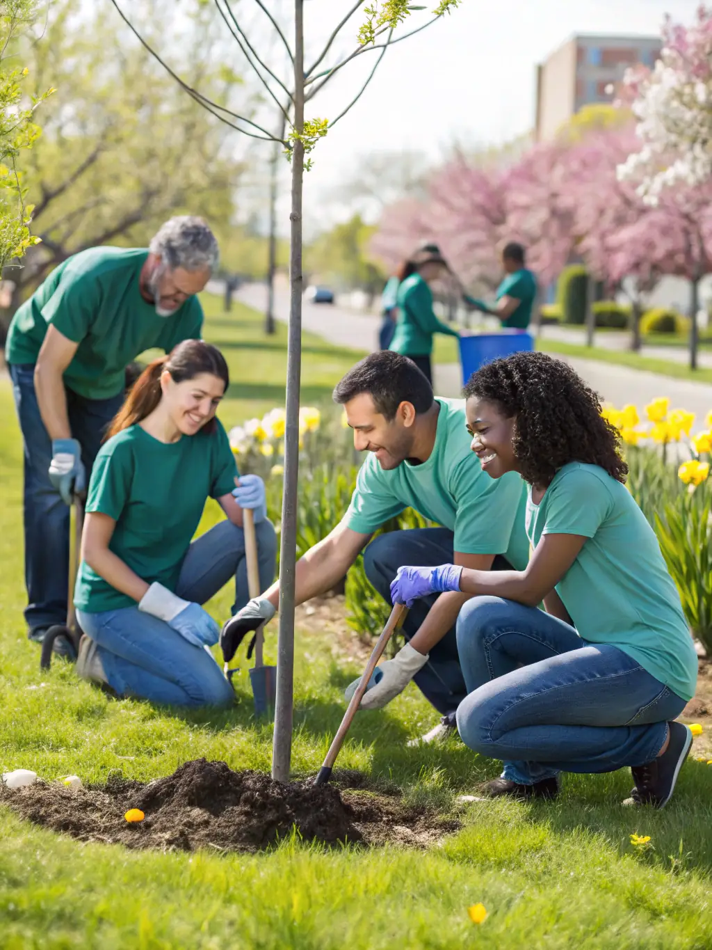 A group of volunteers planting trees in a community park, emphasizing RREFR's commitment to community engagement and environmental restoration.