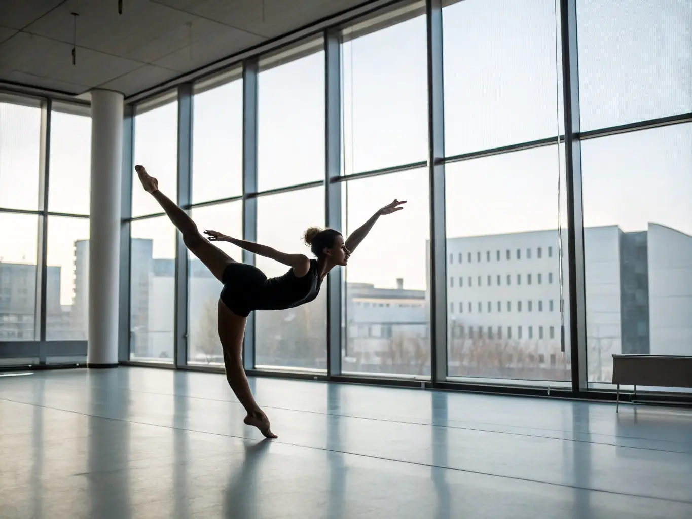 A dancer gracefully performing a contemporary dance move in a spacious studio, showcasing the artistic expression fostered at Danse Le Sud.