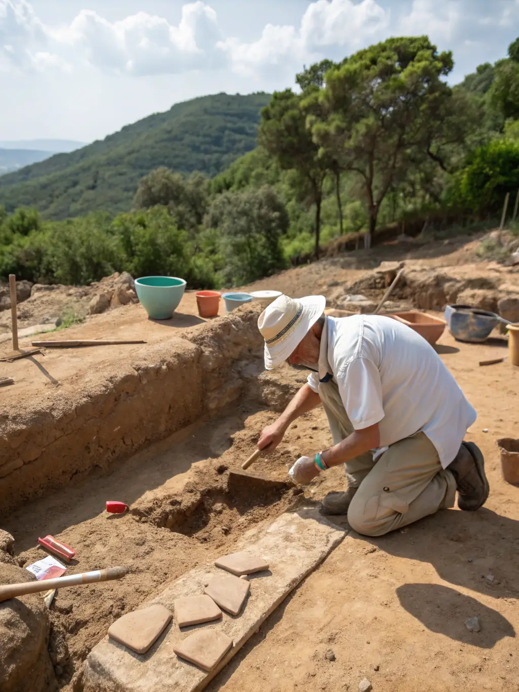 An image of a group of archaeologists carefully excavating artifacts within the Château de Lévis grounds, highlighting the ongoing efforts to uncover its rich history.