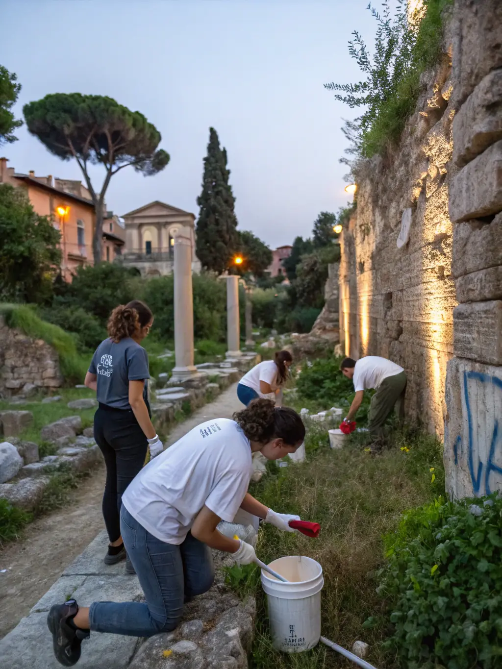 A photograph capturing volunteers meticulously cleaning and restoring a section of the Château de Lévis's ancient stone wall, showcasing the dedication to preserving its historical integrity.